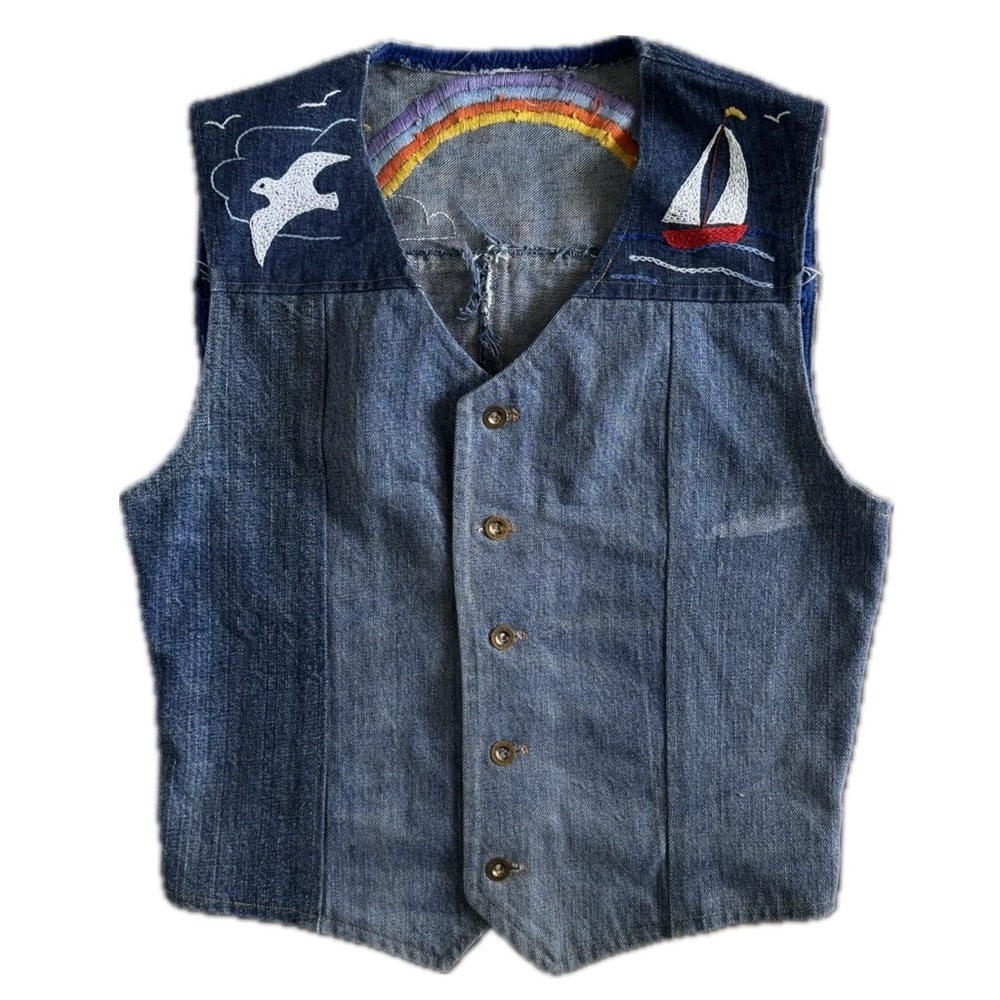 Vintage Hand-Embroidered Denim Vest